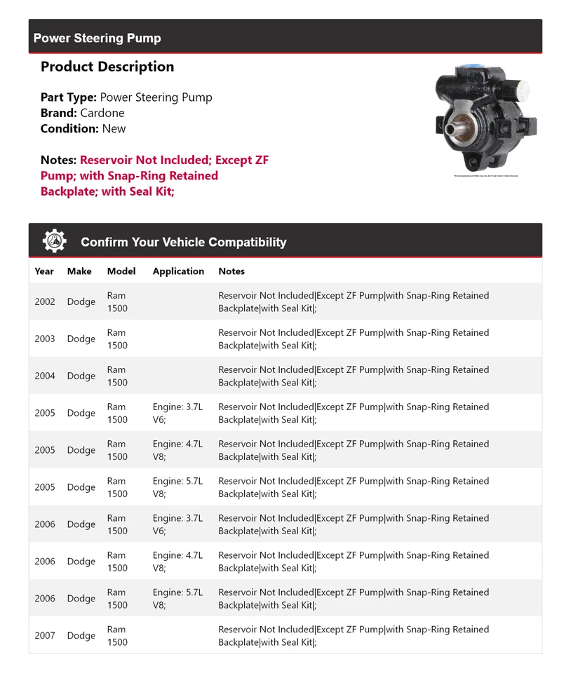 Bomba de dirección asistida Cardone 2003 2004 2005 2006 para Dodge Ram 1500 2002-2007 Foto 2 de 4
