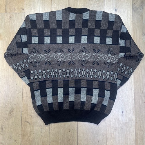 Mens Geometric Vintage Jumper XL Brown Crew Neck 90s Abstract Retro Sweatshirt - Picture 10 of 14