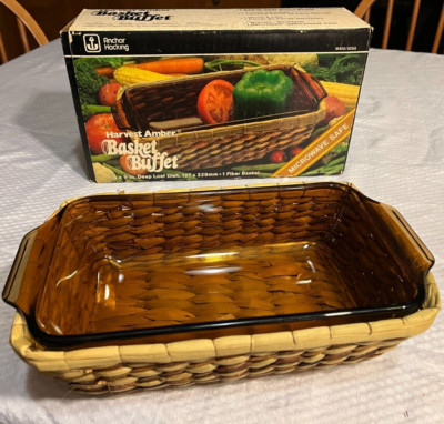 Vtg Amber DISH Harvest Basket Buffet Deep Loaf Anchor Hocking Microwave Safe
