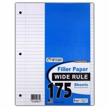 Factory Sealed 175 white Sheet, 3-hole punch, Wide Ruled Filler Paper Top Flight