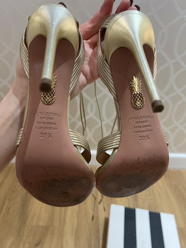 Aquazzura Ari 105 Metallic Leather Sandals Gold Net A Porter Revolve Heels 39.5 - Picture 9 of 12