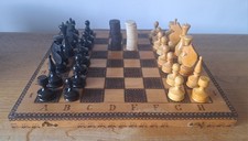 Vintage Wooden Chess Set Folding Board With Chess & Draughts Pieces