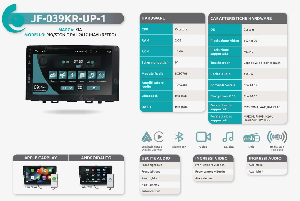Jf Sound JF-039KR-UP-1 9" Autoradio per Kia Rio IV - Nero - Immagine 2 di 2