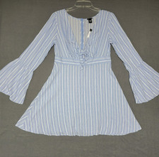 NWT~ FOREVER 21~Fit & Flare Dress Skater Plunge Tie Front Long Bell Sleeve LARGE