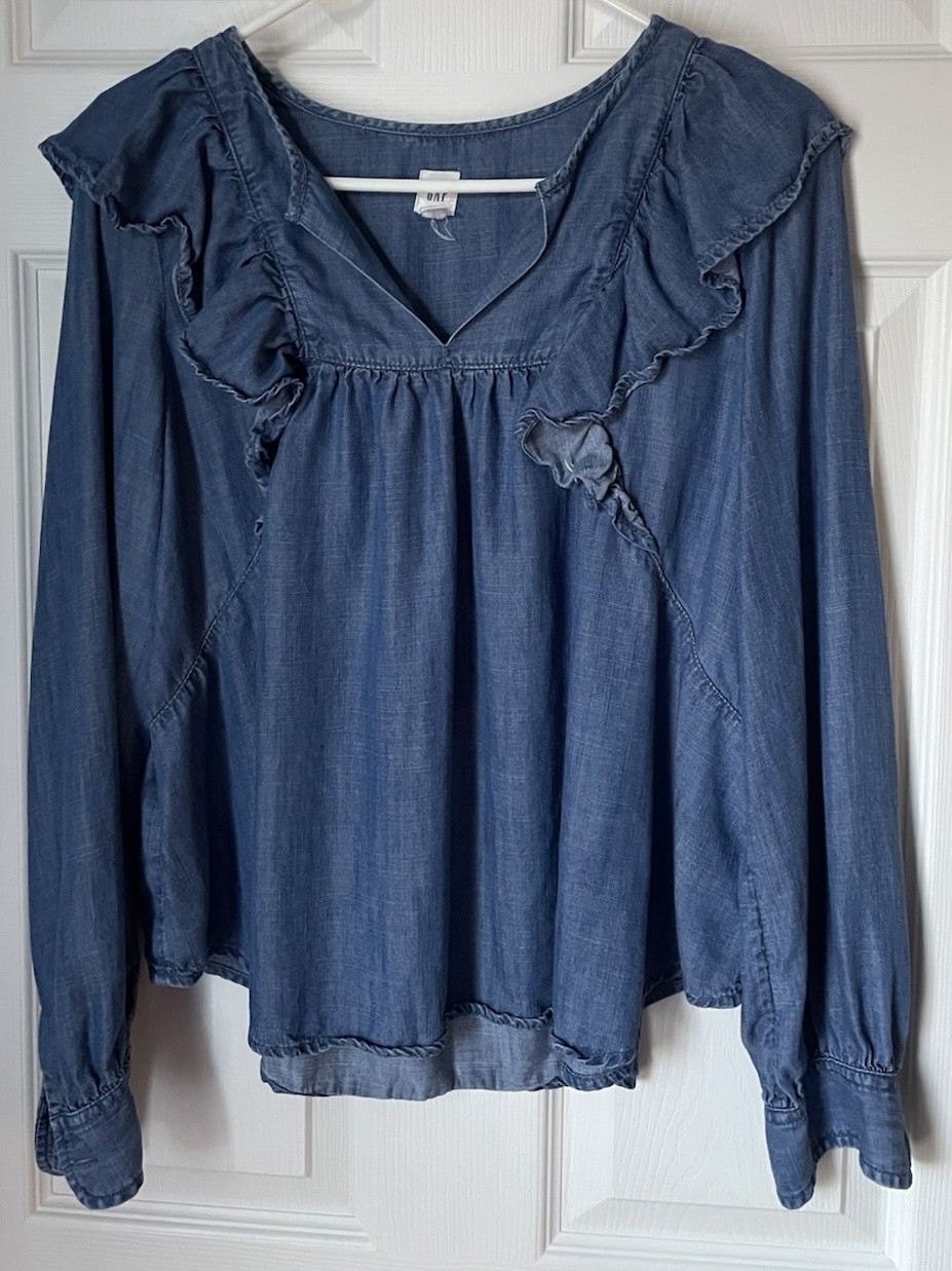 GAP Blue Jean Long Sleeve Ruffle Blouse Top Shirt Medium M