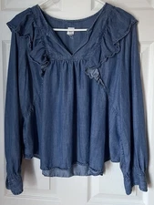 GAP Blue Jean Long Sleeve Ruffle Blouse Top Shirt Medium M