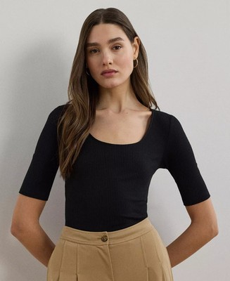 Lauren Ralph Lauren Women's Rib-Knit Cotton-Blend Elbow-Sleeve Tee Black M $79.5