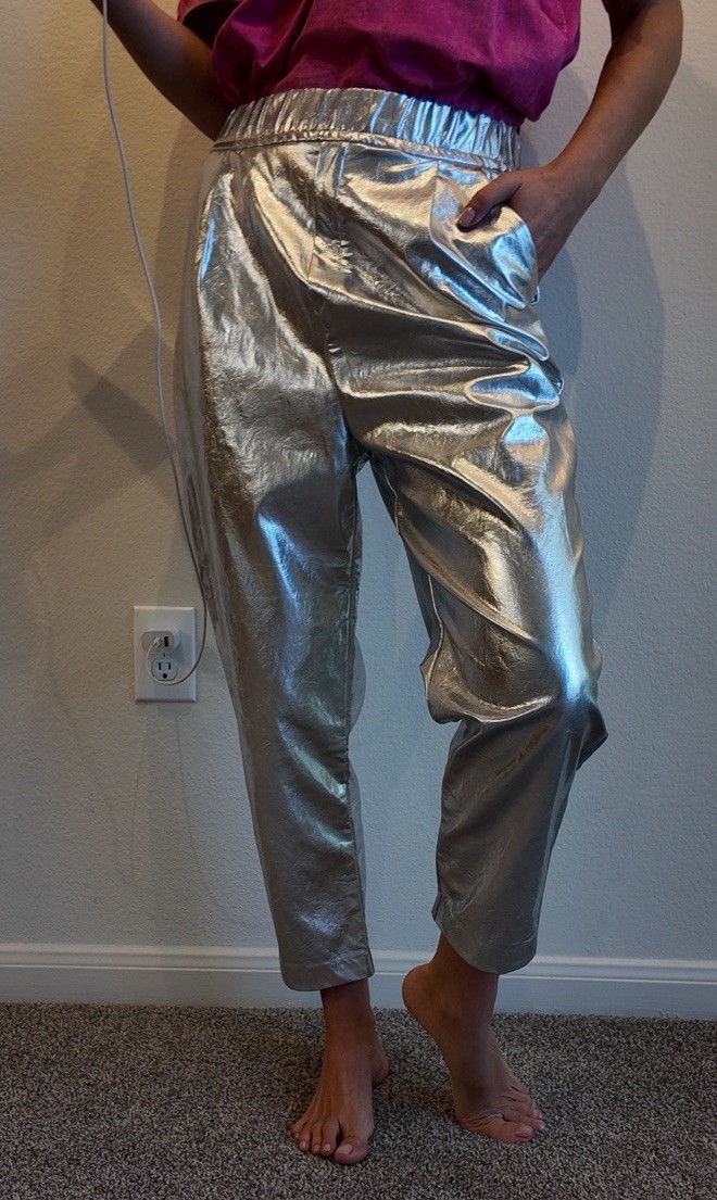 Silver Faux Leather Ankle Pants Shiny Straight Leg Elastic Waist Pockets Women thumbnail 5