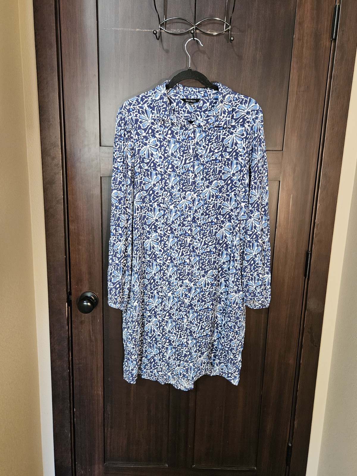 EUC Women's Blue Floral Stretch Button Down Collared Shirt Dress Size Large