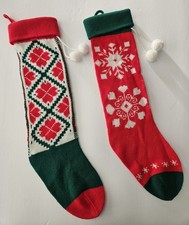 Vintage Long Knit Christmas Snowflake Stockings w/Pom Poms. Lot of 2.