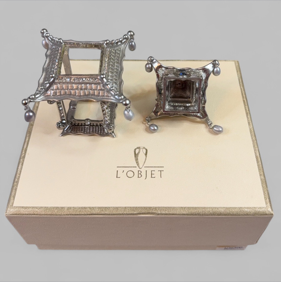 Set of 8 L’OBJET Pagoda Napkin Jewels Holders Silver Plated Crystals Pearls READ