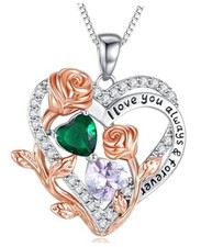 I Love You Birthstone Necklace, 925 Sterling Silver Heart Pendant 05-06-May-Jun