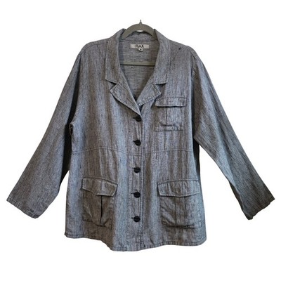 FLAX 100% Linen Button Front Jacket Grey White Textured Pocket Blazer Womens M