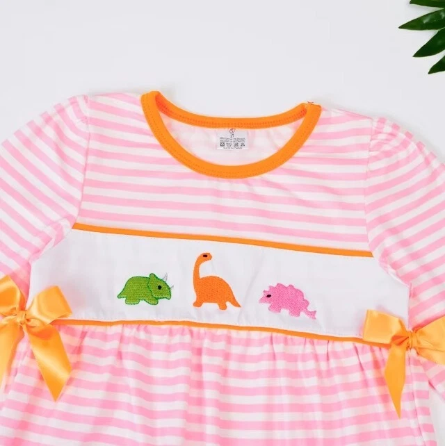 NUEVO Mono Mameluco Boutique Bebé Niñas Dinosaurio Rosa Rayas Manga Larga Foto 2 de 4