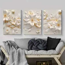 3pcs White Floral Paper Art with Golden Wall Art Canvas Framed 50x70cm