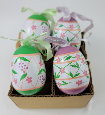 4 Vintage 1988 Painted Floral Wood Easter Egg Ornaments 2.25'' tall Current Inc