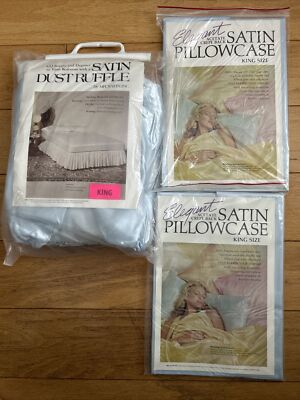 VINTAGE HOLLYWOOD REGENCY LIGHT BLUE SATIN KING BED SKIRT & PILLOW CASES