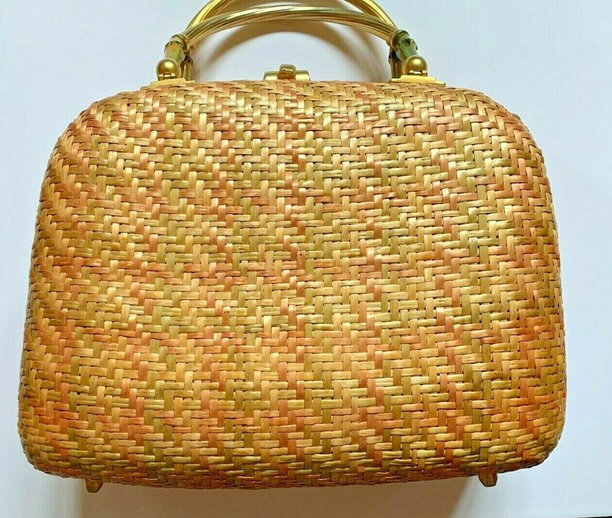 Mid Century Vintage Koret basketweave and brass bamboo handle bag