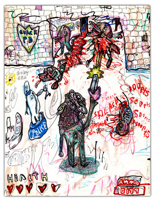 HAPPY GRAVE original mixed media Painting 2024 surreal ''NPC KILLER 2''