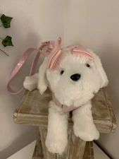 Children’s Plush Puppy Purse~White & Pink~Carrying Strap~Zip Compartment~Bows