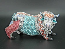 Oaxacan Wood Carving by Bertha Cruz "Indigenous Motif Bull" Mexican Folk Art