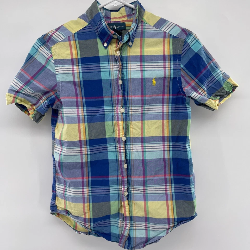 Ralph Lauren Kids Plaid Button Down Shirt Short Sleeve Yellow Blue Green M 10-12 - Image 2 of 4