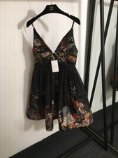 Zimmermann Colorful Floral Print V-Neck Waist-Cinching Strappy Mini Dress —SizeM