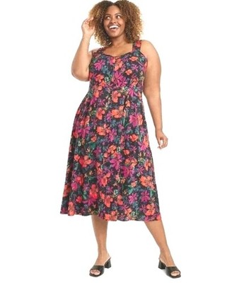Ava Viv Midi Sun Dress XXL Black Dark Floral Cottage Button Front Sleeveless Nwt