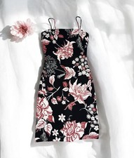 Vintage 90s Flower Print Fitted Mini Dress Formal Boho Romantic Summer Party M