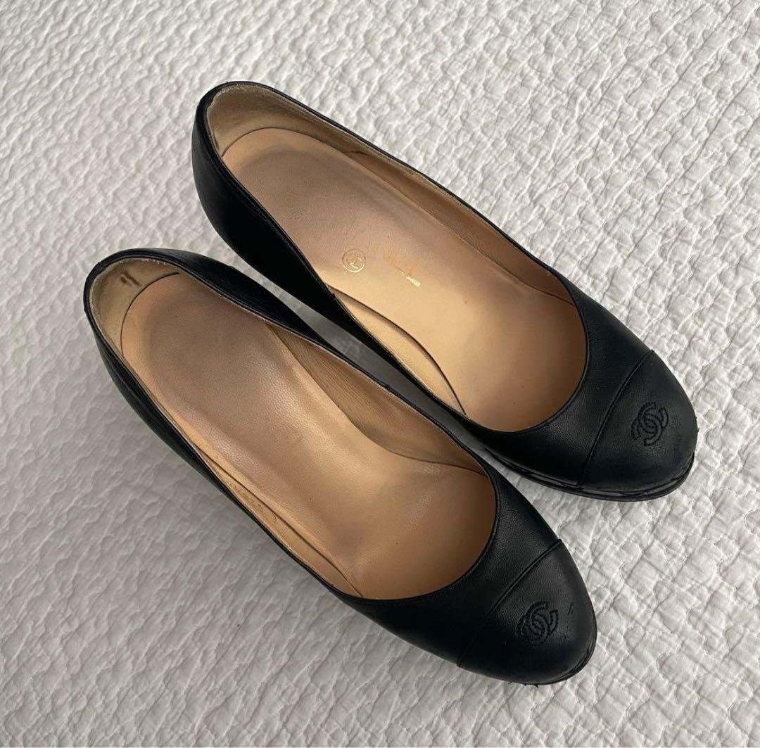 Chanel Thick Heel Pumps Black Leather With Coco Mark Size 36.5 US Abt6.5 Women thumbnail 20