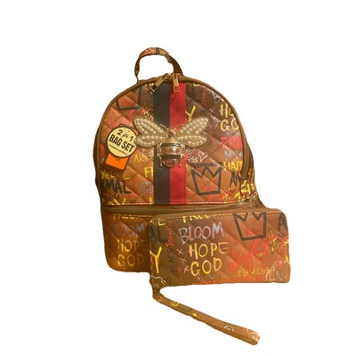 Alba Tan/Multi Color Graffiti Queen Bee Striped Backpack  & Wallet Set
