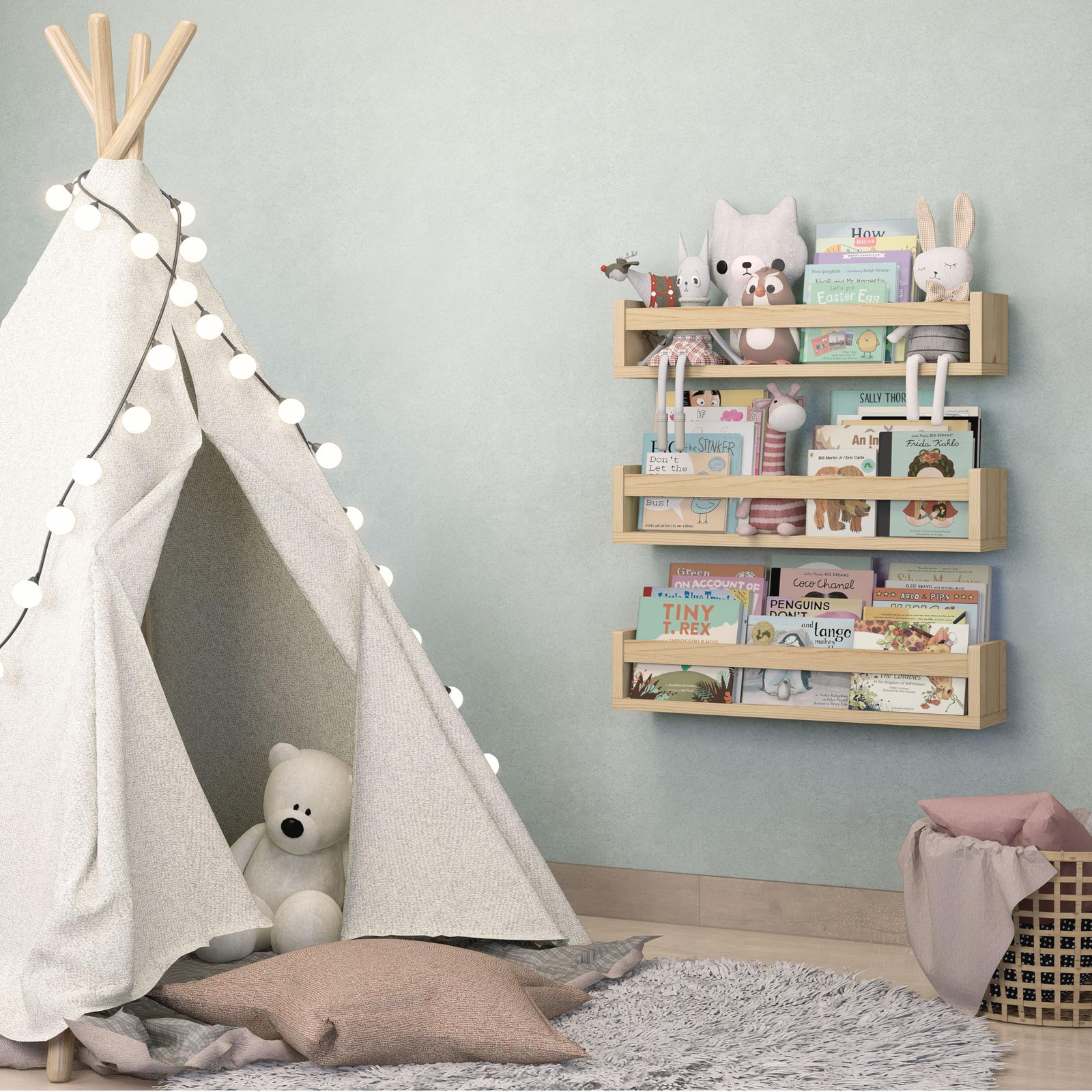 Set of 3, 23.1 Inches, Natural Wood Floating Shelves for Wall, Kids Bookshelf...