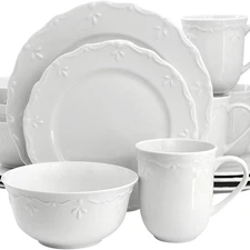 Elama 16 Piece Embossed Rim Scalloped White Glossy Dinnerware Set Service for 4