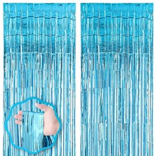 2 Pack Light Blue Foil Fringe Backdrop Curtains, 3.3x8.2 Feet, Tinsel Streamer