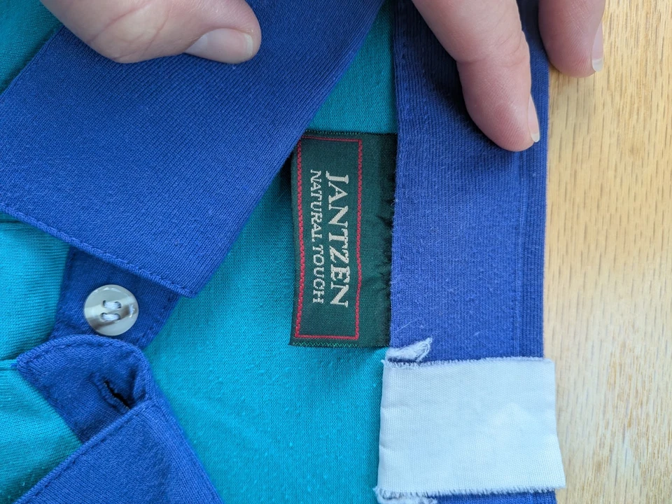 Vintage Jantzen Soft Touch 1980's Teal and Pink polo style shirt, men's large - Image 3 of 4