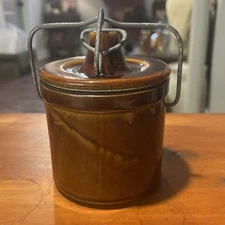 Vintage Brown Stoneware Cheese Crock with Lid and Locking Wire Bail