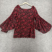 Womens Blouse Top Medium Black Red Lace Bell Sleeve Vamp Whimsigoth Fairy Grunge