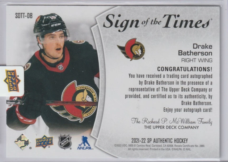 2021-22 SP AUTHENTIC SIGN OF THE TIMES DRAKE BATHERSON OTTAWA SENATORS #SOTT-DB - Image 2 of 2