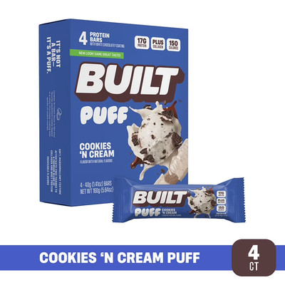 BUILT Puff Protein Bar, Cookies N' Cream, 17g Protein 4 Count Box, 1.41 oz Bars