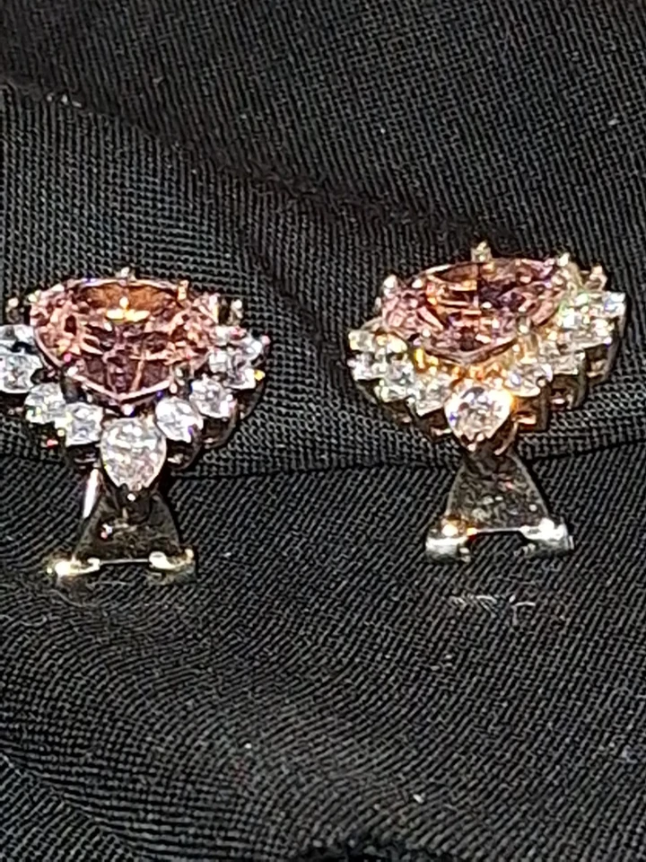 心形粉色蓝宝石立方锆石 14K 黄金银色耳环穿孔 — 第 4/4 张图片