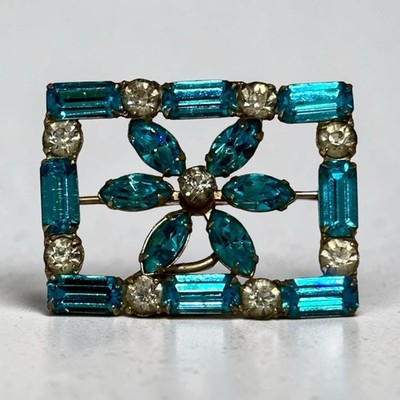Vintage Signed CORO Aqua Blue Rhinestone Brooch Pin Rectangle Flower Mid Century