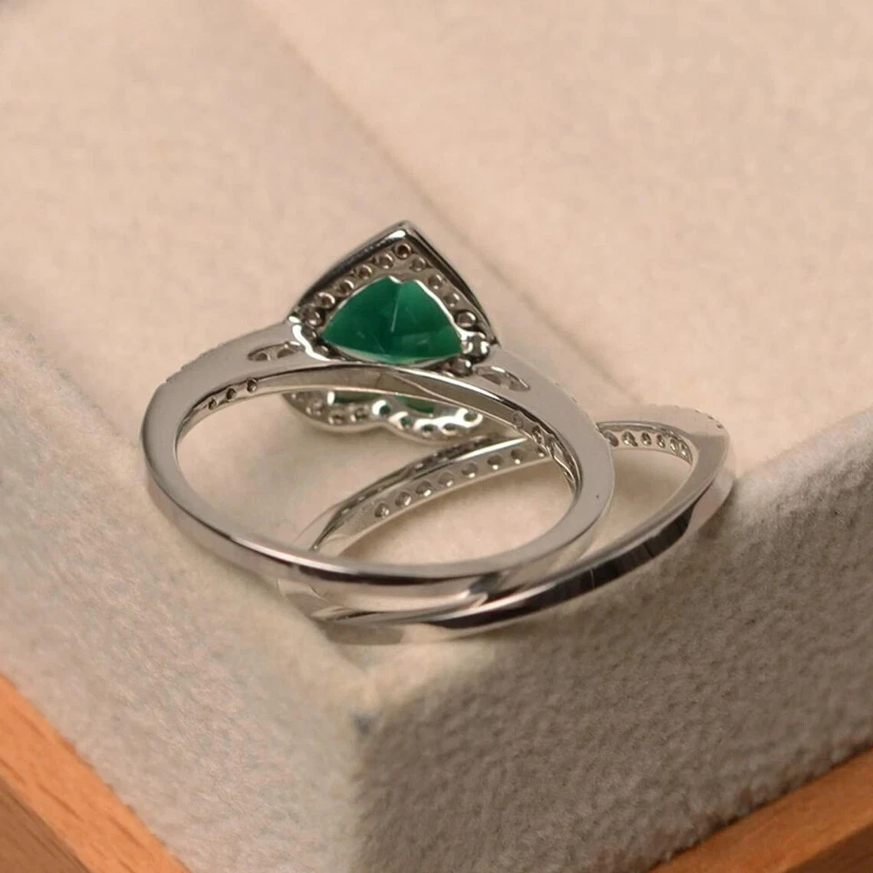 Anillo de compromiso de diamantes y esmeraldas naturales de 1,50 quilates de oro blanco real sólido de 14 quilates Foto 2 de 4