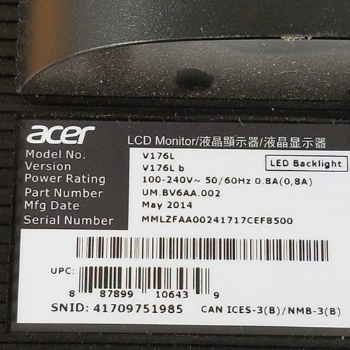 Acer V176L, LCD Computer Monitor, 17" Screen - USED - Picture 3 of 5