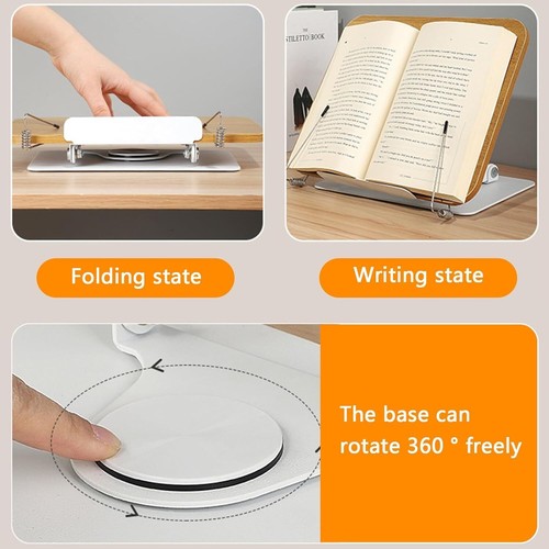 Book Stand Reading Holder 360° Swivel Base Wooden Foldable Recipe Textbook Stand - Picture 7 of 9