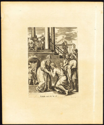 Antiker religiöser Druck - VERLORENER SOHN - ABGESCHLACHTETES KALB - Wierix - de Passe - Spanoghe - 1784
