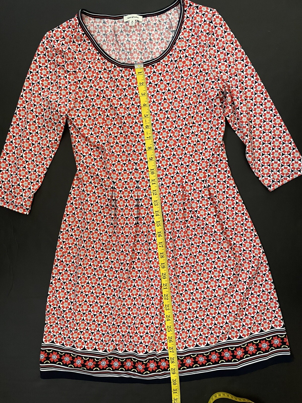 Max Studio Red White Black Floral Print A-Line 3/4 Sleeve Dress Size M EUC  | eBay