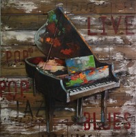 Wall Hanging Art Picture - Metal Piano On Wooden Musical Notes - 80cm X 80cm Wall Hanging Art Picture - Metal Piano On Wooden Musical Notes - 80cm X 80cm