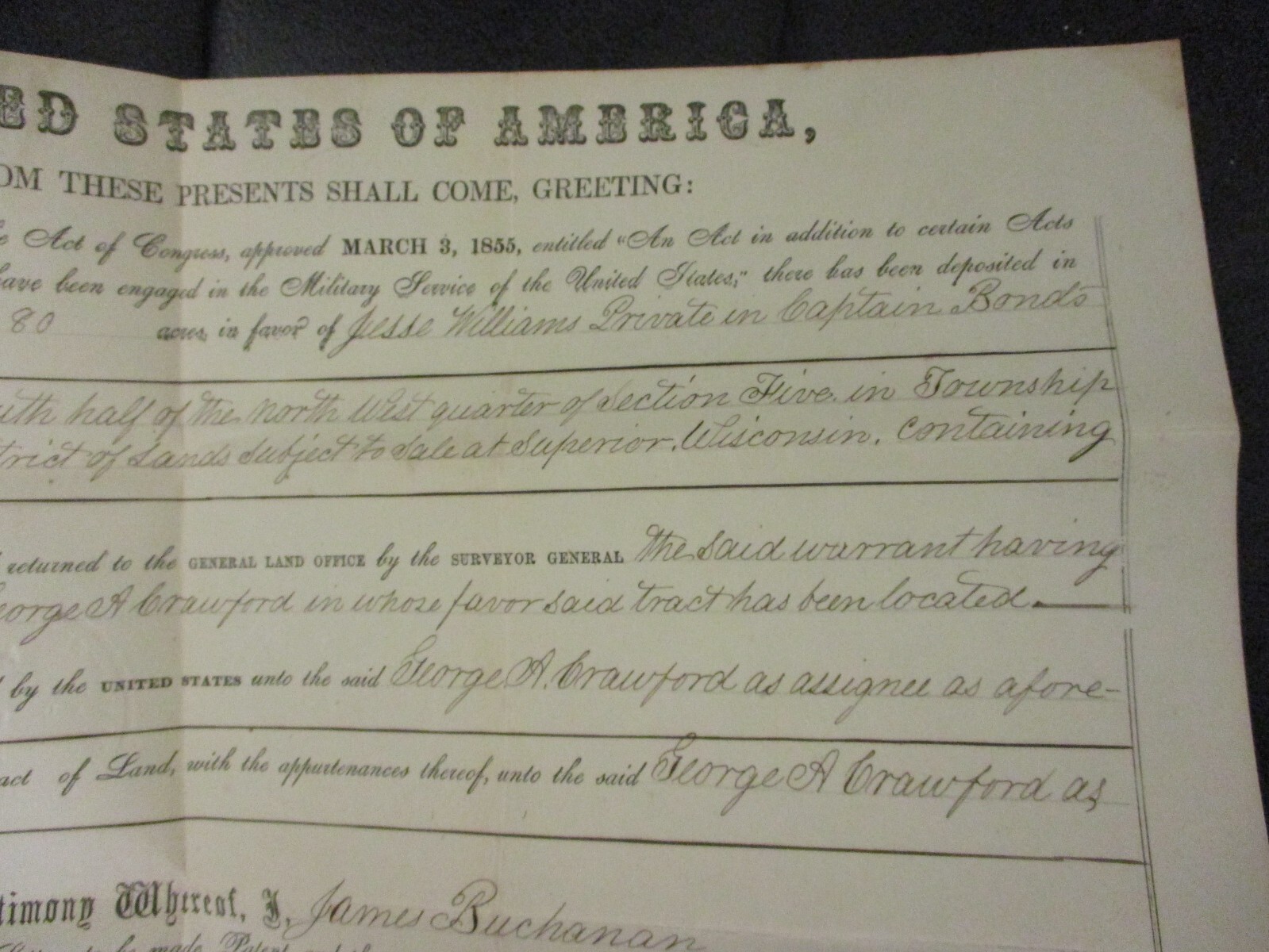 1855 President James Buchanan War Of 1812 Land Grant Document Superior