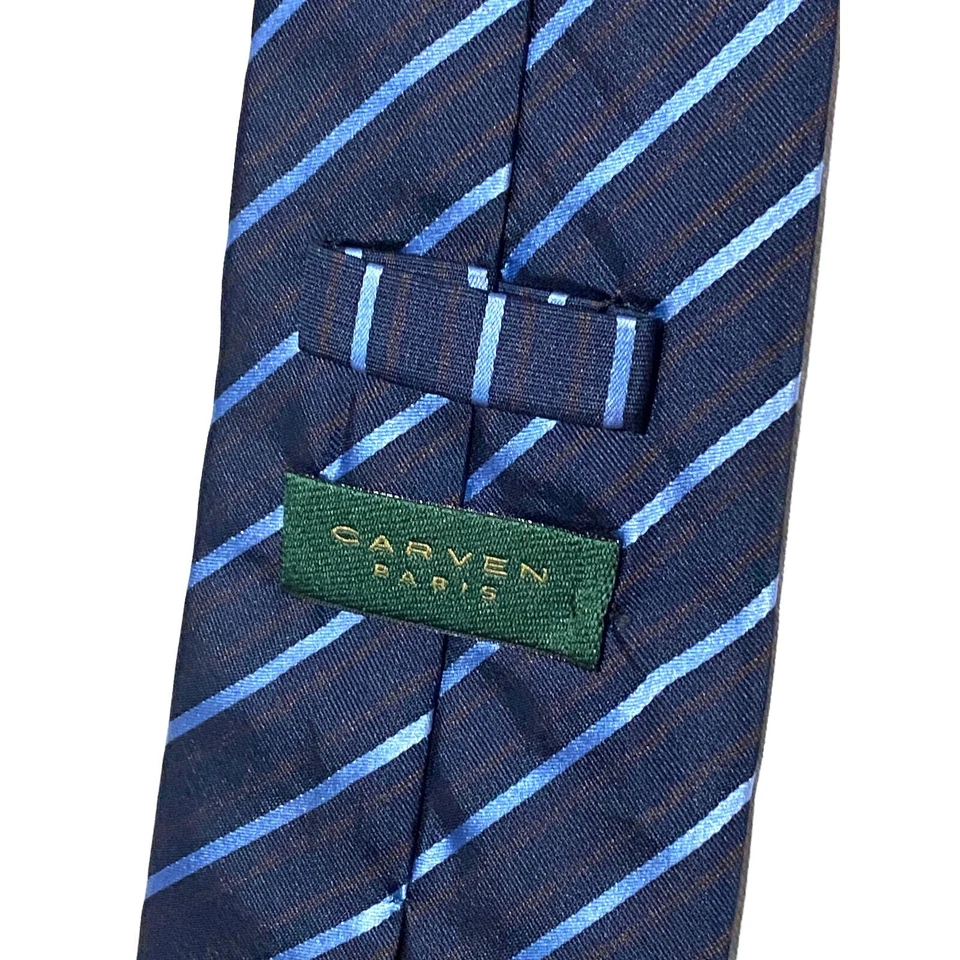 Gravata Carven Paris listrada diagonal azul escuro e claro vermelha masculina seda - Imagem 3 de 4