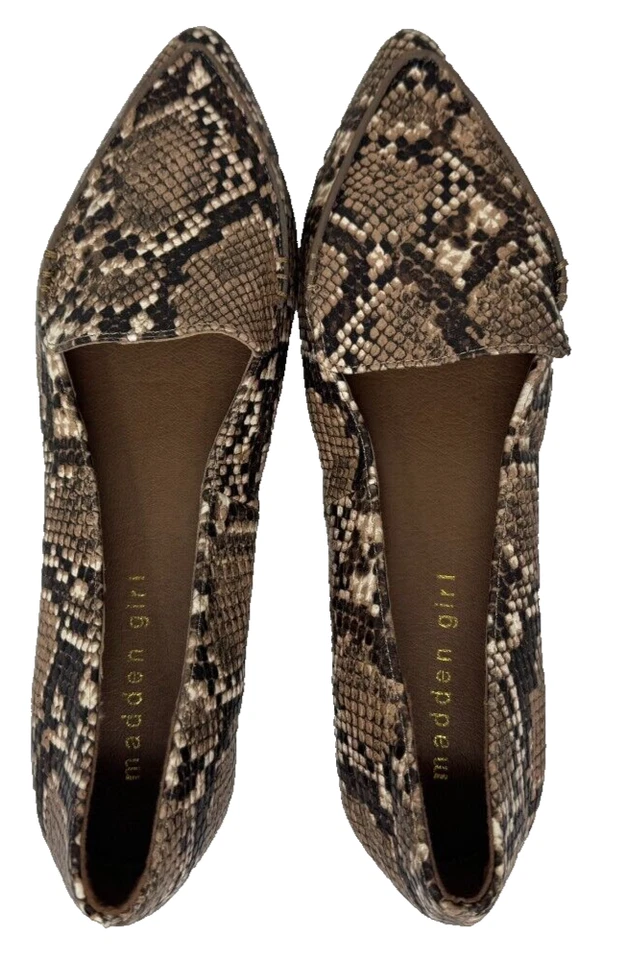 Zapatos planos Madden Girl para mujer Henie sin cordones cómodos con estampado de serpiente negros/marrones talla: 7 73D Foto 3 de 4